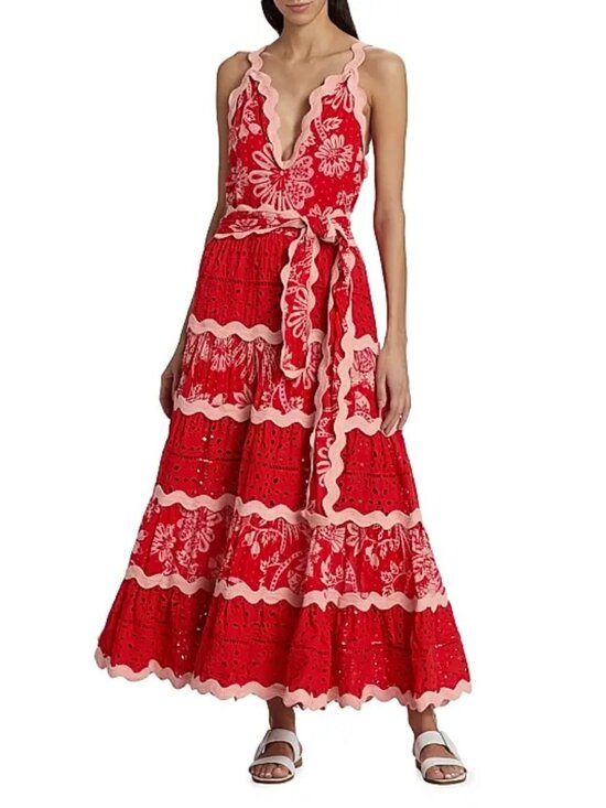 FARM Rio Dresses & Skirts - FARM RIO Flowerful Birds Maxi Dress XL NWT Red Pink Eyelet Lace V-Neck Plunge